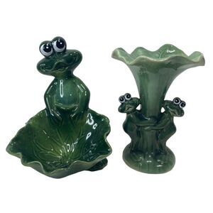 2 Apropos Frog Figurine Trinket Candy‎ Dish Ceramic Green Glazed Decor Vintage